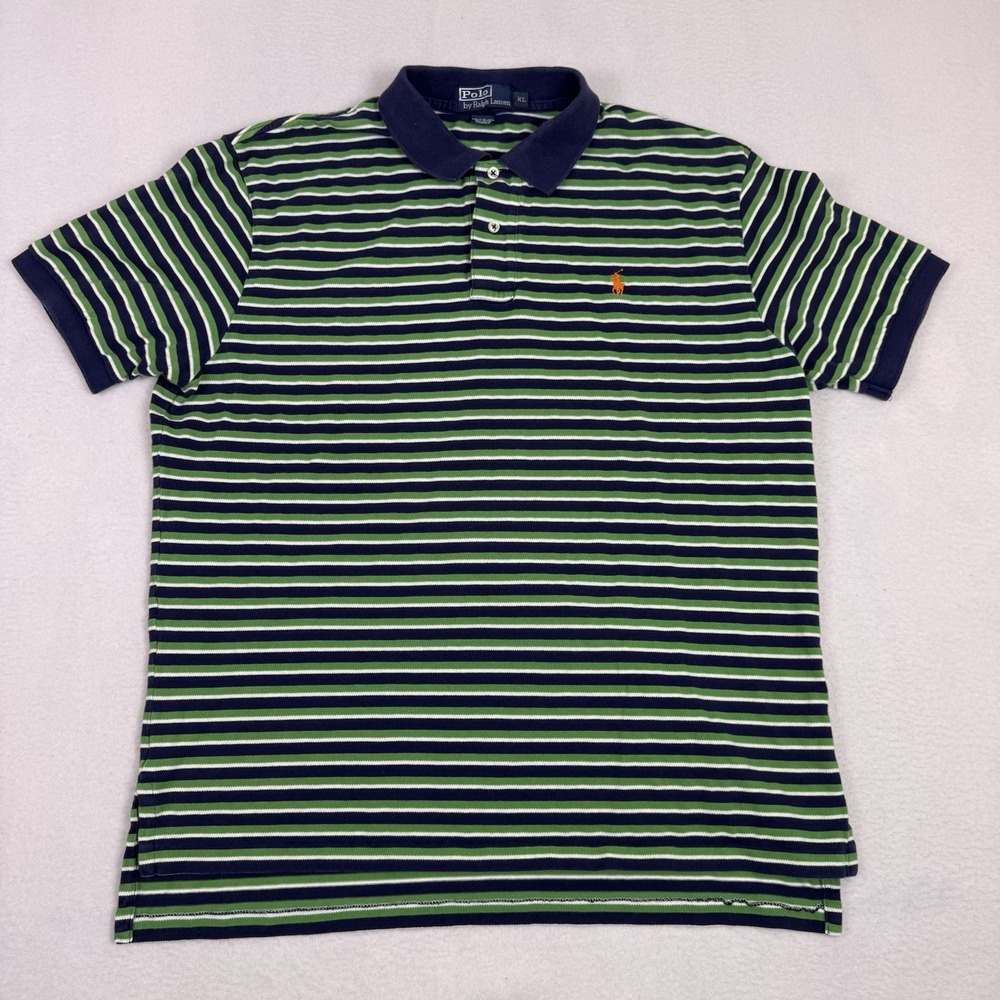 Polo Ralph Lauren Mens XL Striped Polo Shirt Blue Green Orange Collar Cotton